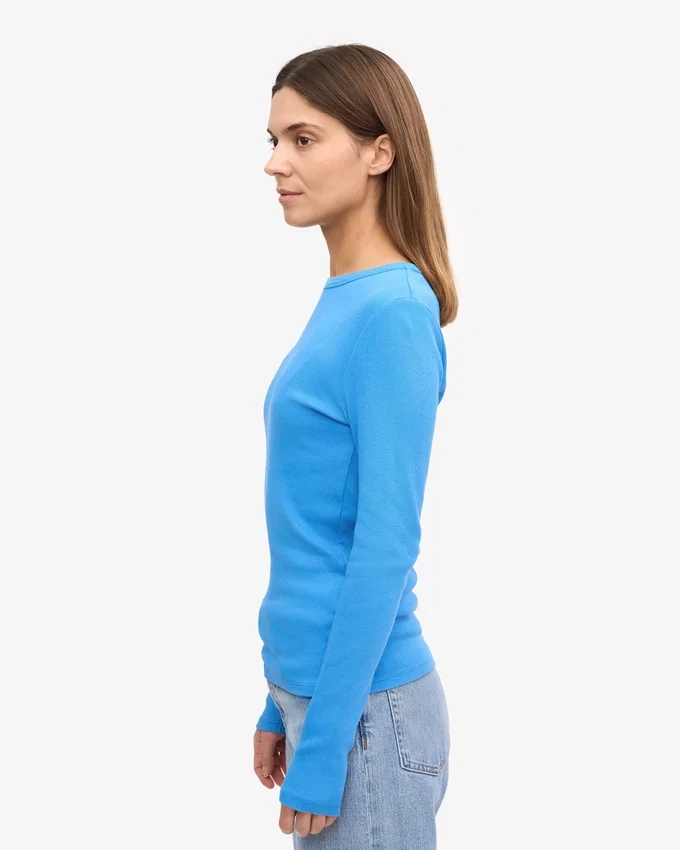 Ekologisk ribbad T-shirt med lång ärm för dam – Stillahavsblå