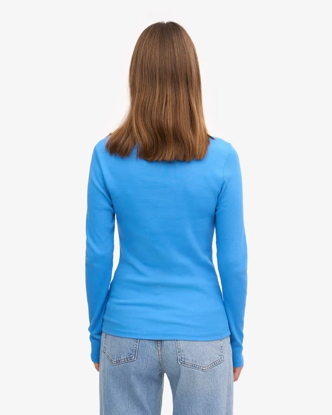 Ekologisk ribbad T-shirt med lång ärm för dam – Stillahavsblå