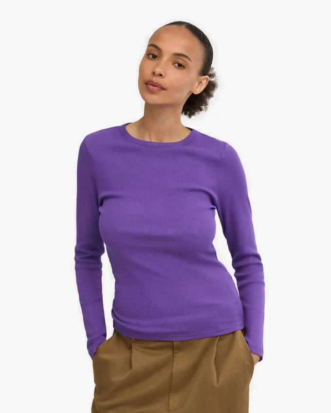 Ekologisk ribbad T-shirt med lång ärm för dam – ultraviolett