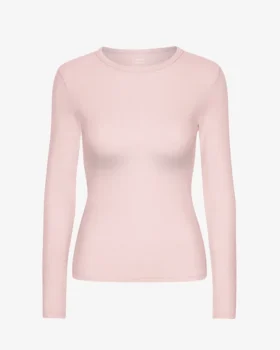 Ekologisk ribbad T-shirt med långa ärmar för dam – blekt rosa