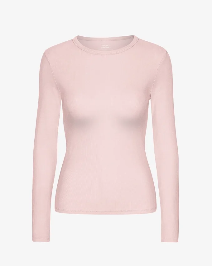 Ekologisk ribbad T-shirt med långa ärmar för dam – blekt rosa