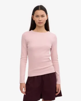 Ekologisk ribbad T-shirt med långa ärmar för dam – blekt rosa