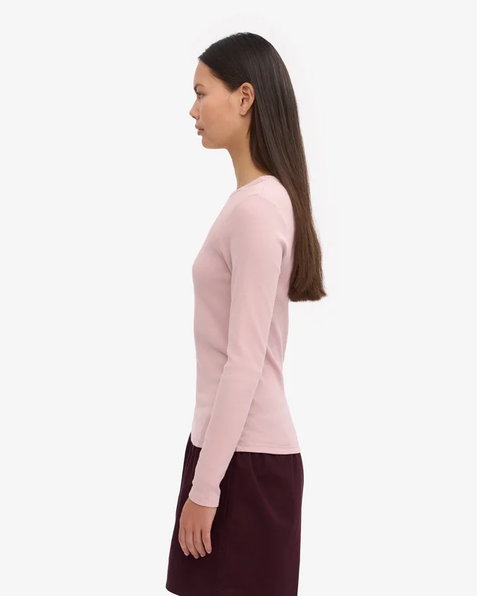 Ekologisk ribbad T-shirt med långa ärmar för dam – blekt rosa