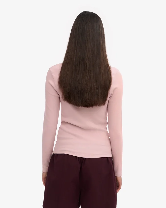 Ekologisk ribbad T-shirt med långa ärmar för dam – blekt rosa