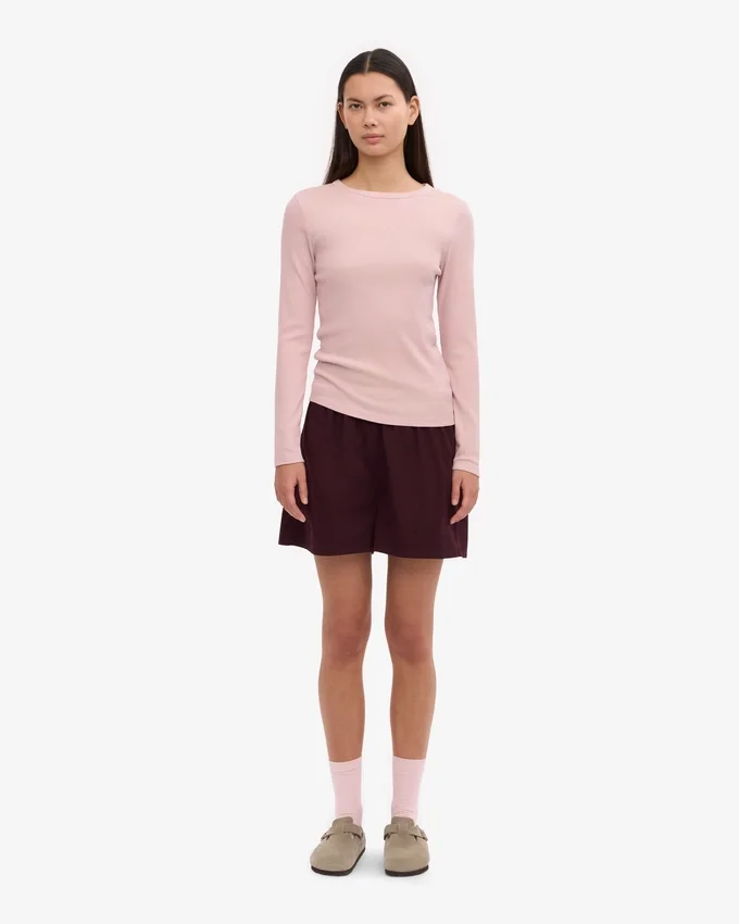 Ekologisk ribbad T-shirt med långa ärmar för dam – blekt rosa