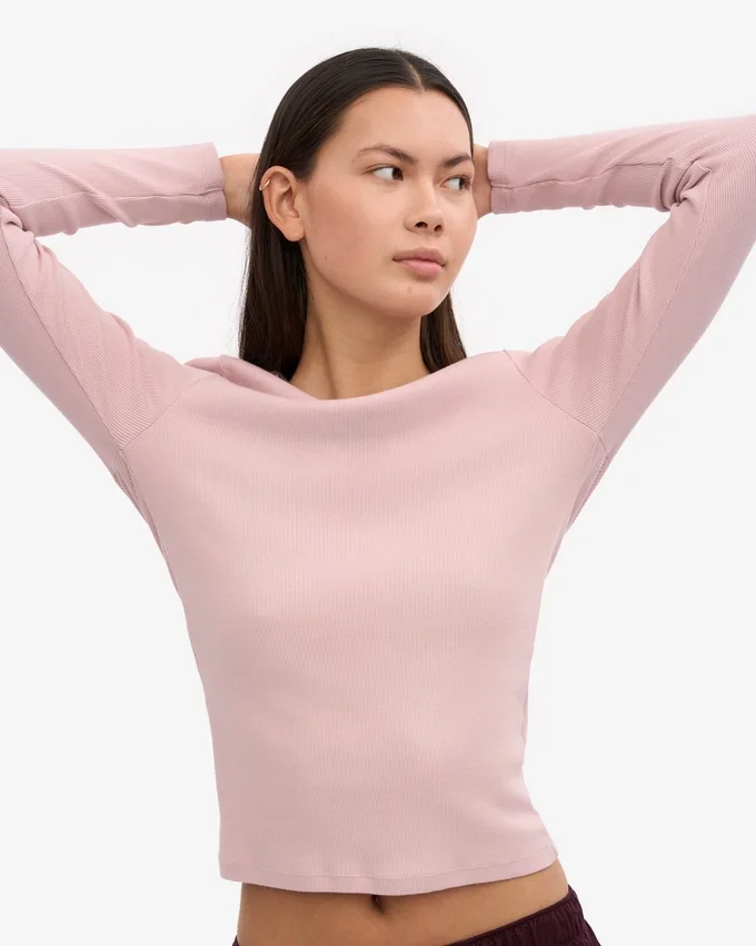 Ekologisk ribbad T-shirt med långa ärmar för dam – blekt rosa