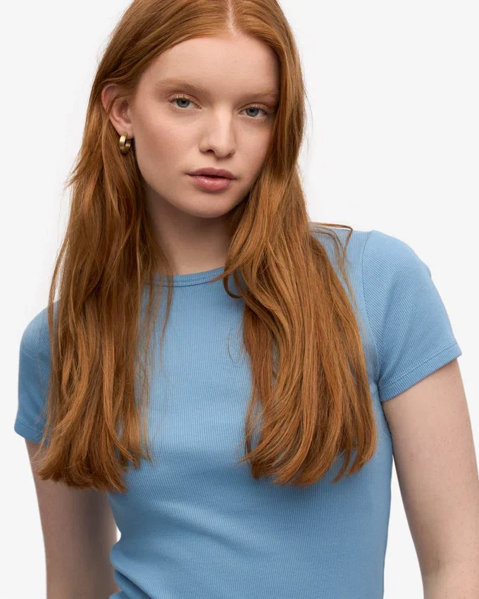 Ekologisk ribbad T-shirt – Seaside Blue