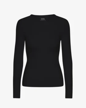 Ekologisk ribbstickad T-shirt med långa ärmar för dam – djupsvart