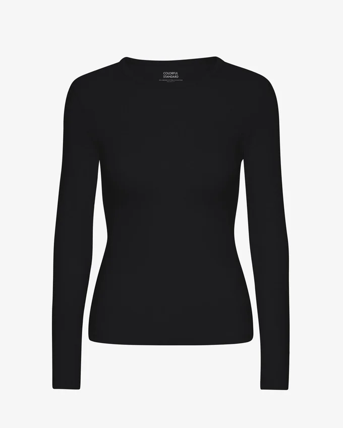 Ekologisk ribbstickad T-shirt med långa ärmar för dam – djupsvart