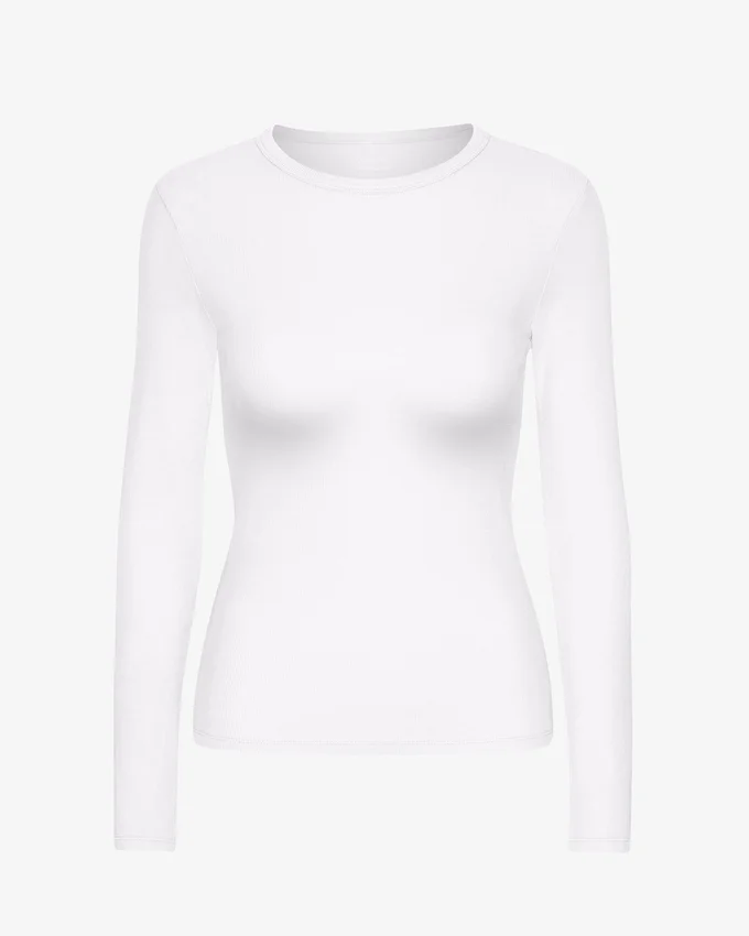 Ekologisk ribbstickad T-shirt med långa ärmar för dam – optiskt vit