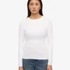 Ekologisk ribbstickad T-shirt med långa ärmar för dam – optiskt vit