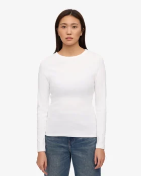 Ekologisk ribbstickad T-shirt med långa ärmar för dam – optiskt vit