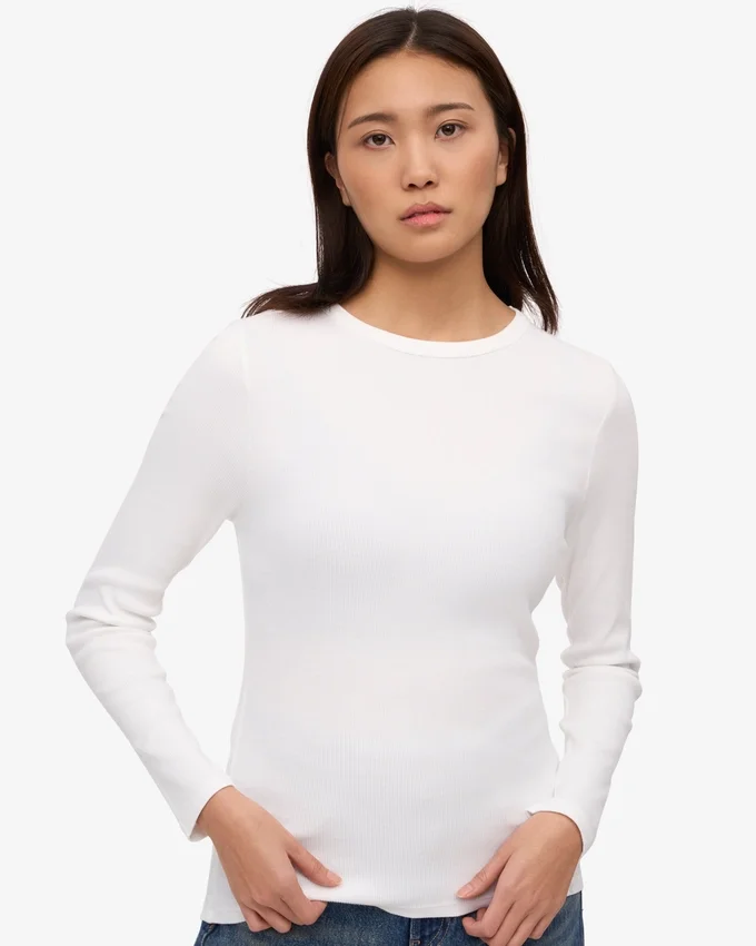 Ekologisk ribbstickad T-shirt med långa ärmar för dam – optiskt vit
