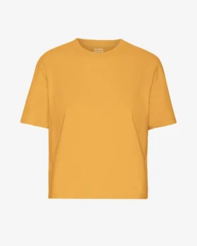 Ekologisk T-shirt med boxig, kort passform – bränd gul