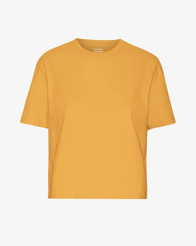Ekologisk T-shirt med boxig, kort passform – bränd gul
