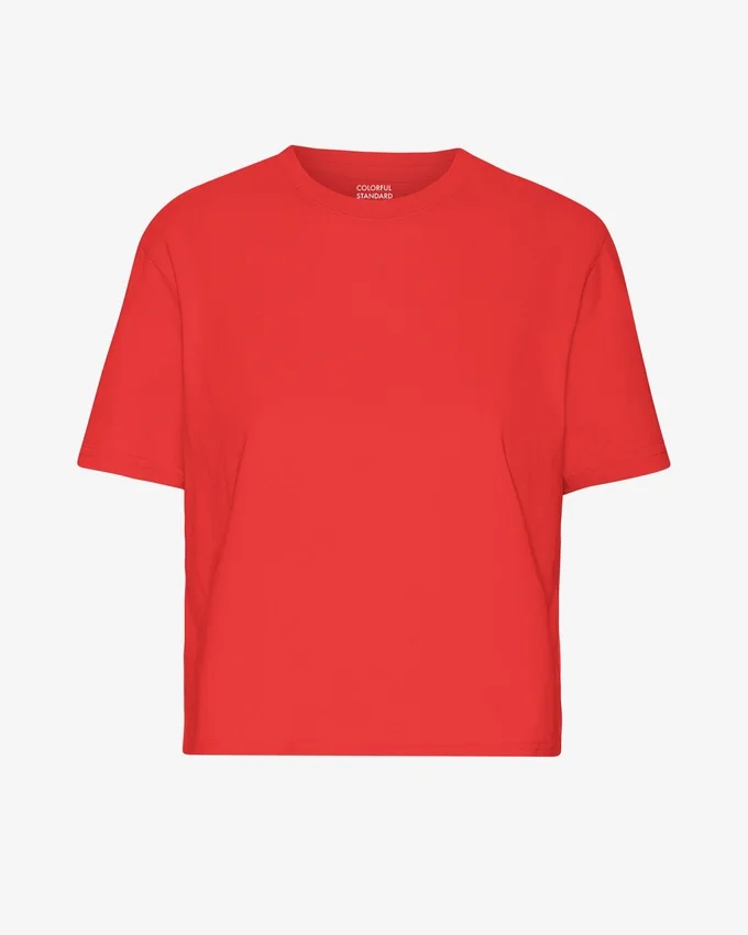 Ekologisk T-shirt med boxig, kort passform – röd mandarin
