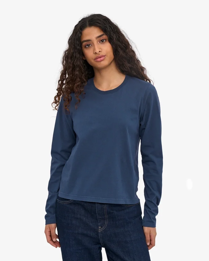 Ekologisk T-shirt med långa ärmar för damer – petrolblå