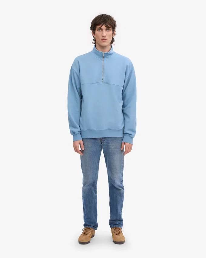 Ekologisk tröja med kort dragkedja – Seaside Blue