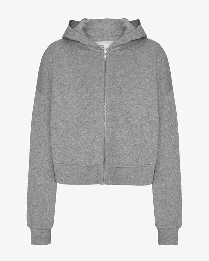 Kort hoodie i ekologiskt bomull med dragkedja – grå melange