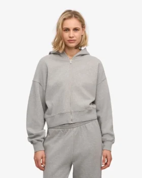Kort hoodie i ekologiskt bomull med dragkedja – grå melange