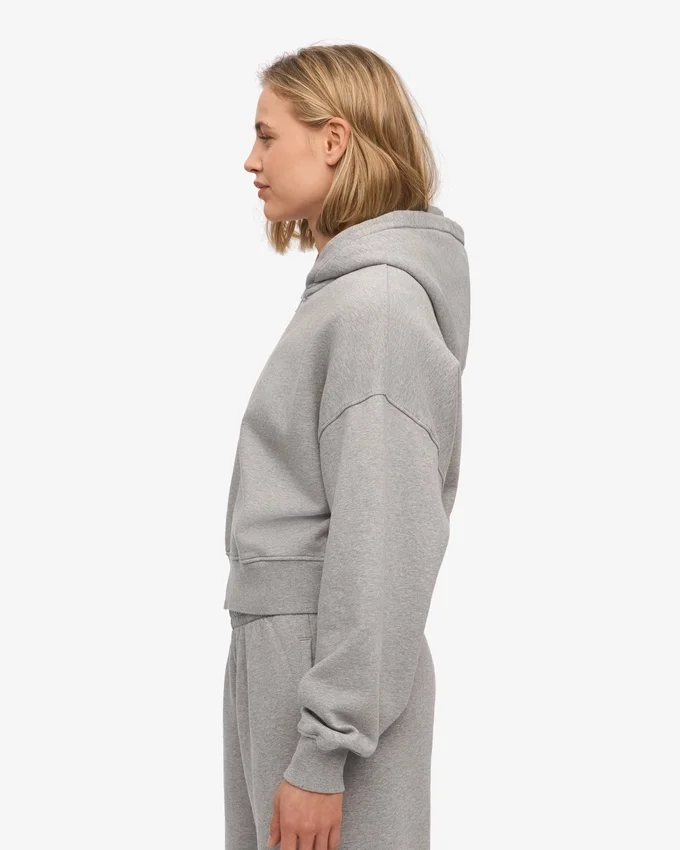 Kort hoodie i ekologiskt bomull med dragkedja – grå melange