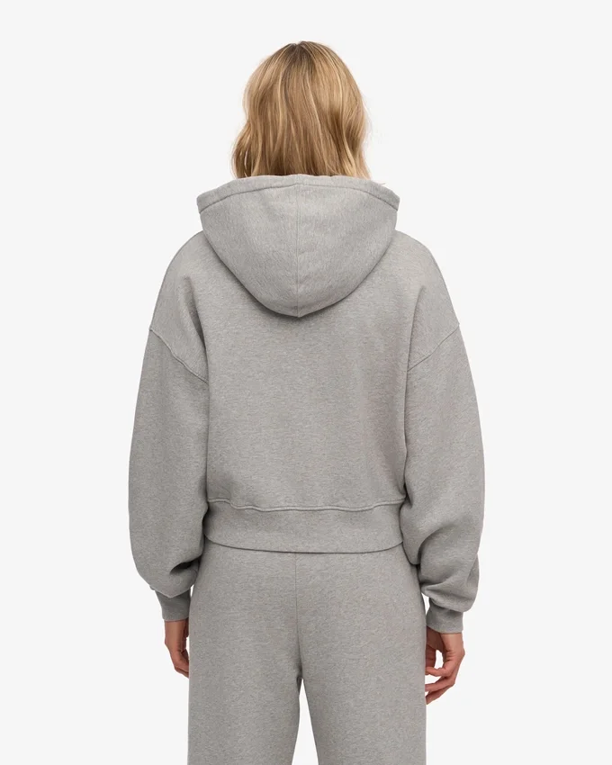 Kort hoodie i ekologiskt bomull med dragkedja – grå melange