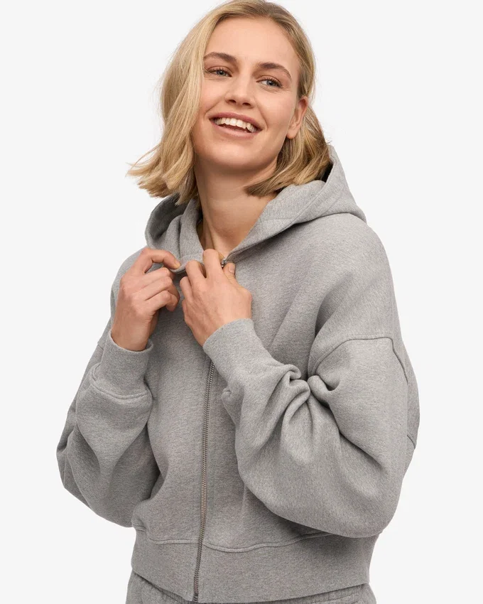 Kort hoodie i ekologiskt bomull med dragkedja – grå melange