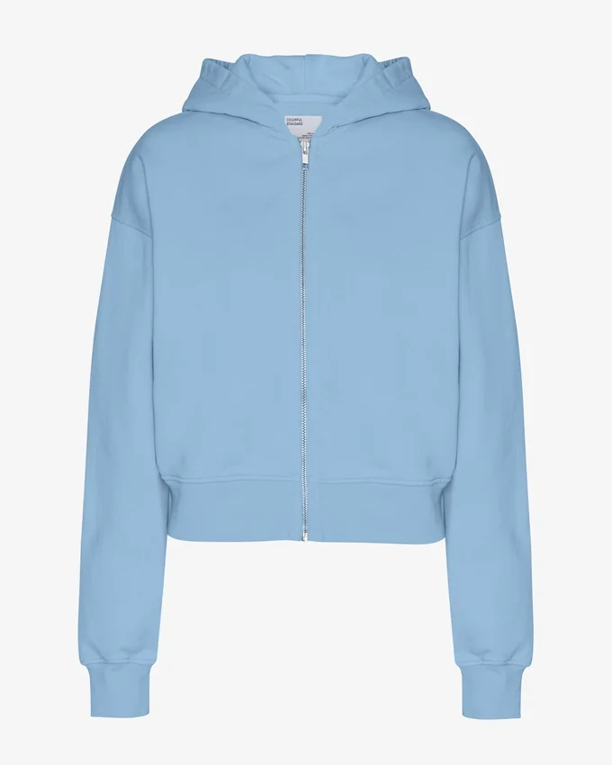 Kort hoodie i ekologiskt bomull med dragkedja – havsblå
