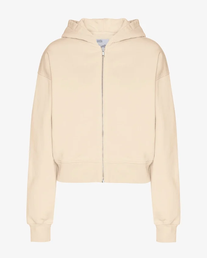 Kort hoodie i ekologiskt tyg med dragkedja – elfenbensvit