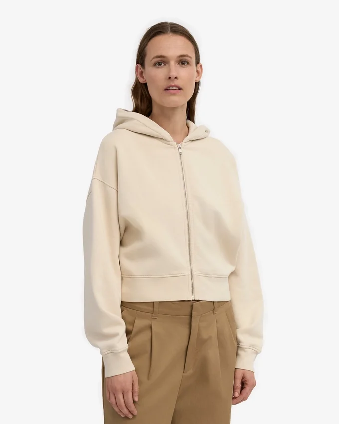 Kort hoodie i ekologiskt tyg med dragkedja – elfenbensvit