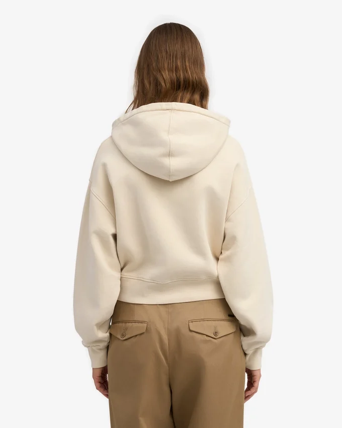 Kort hoodie i ekologiskt tyg med dragkedja – elfenbensvit