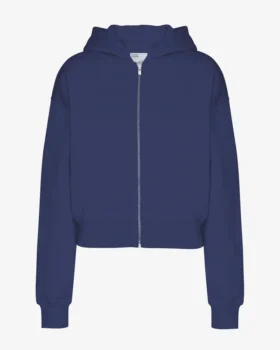 Kort hoodie i ekologiskt tyg med dragkedja – marinblå