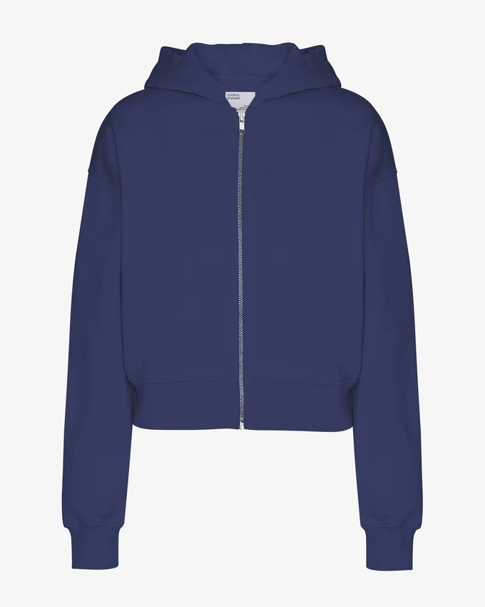 Kort hoodie i ekologiskt tyg med dragkedja – marinblå