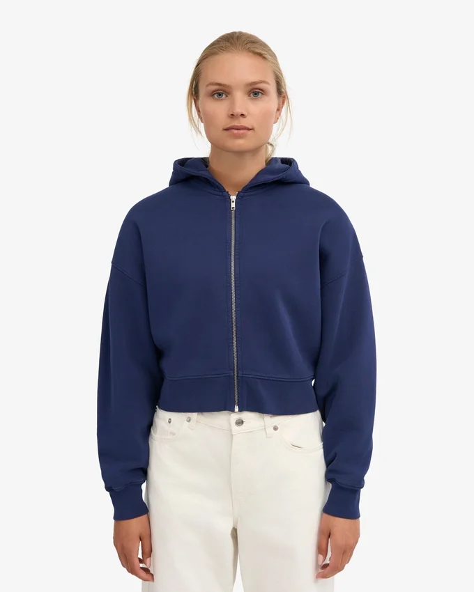Kort hoodie i ekologiskt tyg med dragkedja – marinblå