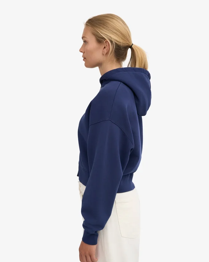 Kort hoodie i ekologiskt tyg med dragkedja – marinblå