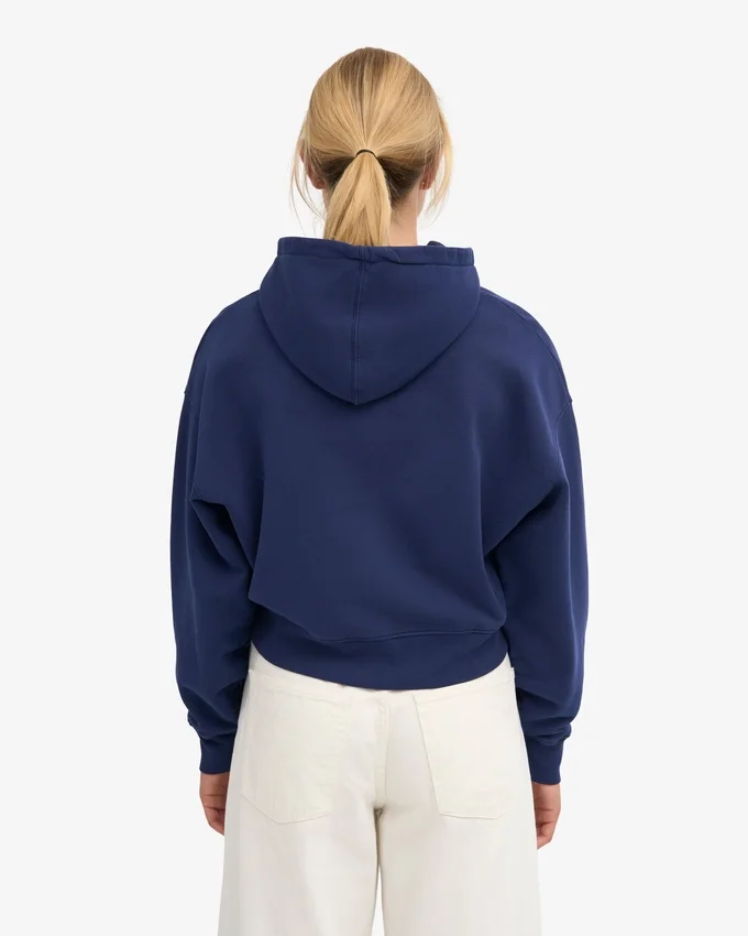 Kort hoodie i ekologiskt tyg med dragkedja – marinblå