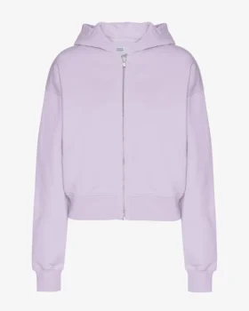 Kort hoodie i ekologiskt tyg med dragkedja – mjuk lavendel