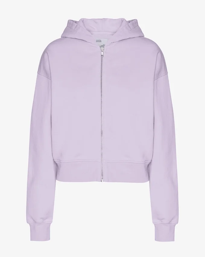 Kort hoodie i ekologiskt tyg med dragkedja – mjuk lavendel