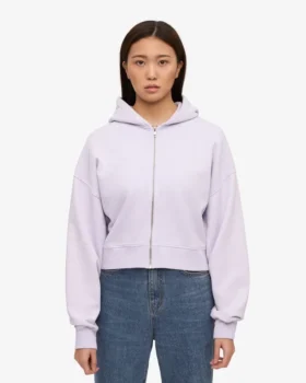 Kort hoodie i ekologiskt tyg med dragkedja – mjuk lavendel