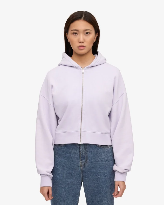 Kort hoodie i ekologiskt tyg med dragkedja – mjuk lavendel