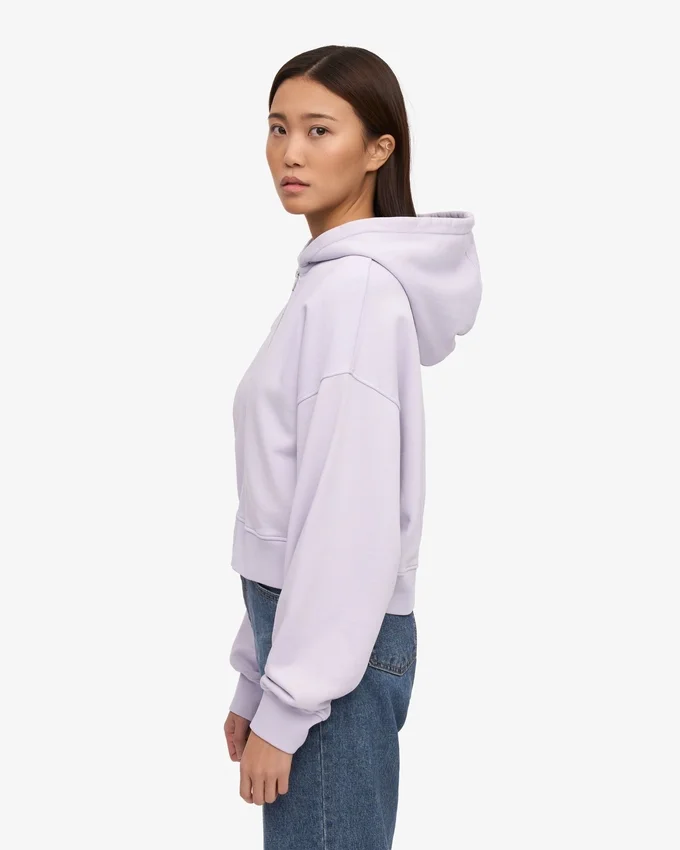 Kort hoodie i ekologiskt tyg med dragkedja – mjuk lavendel