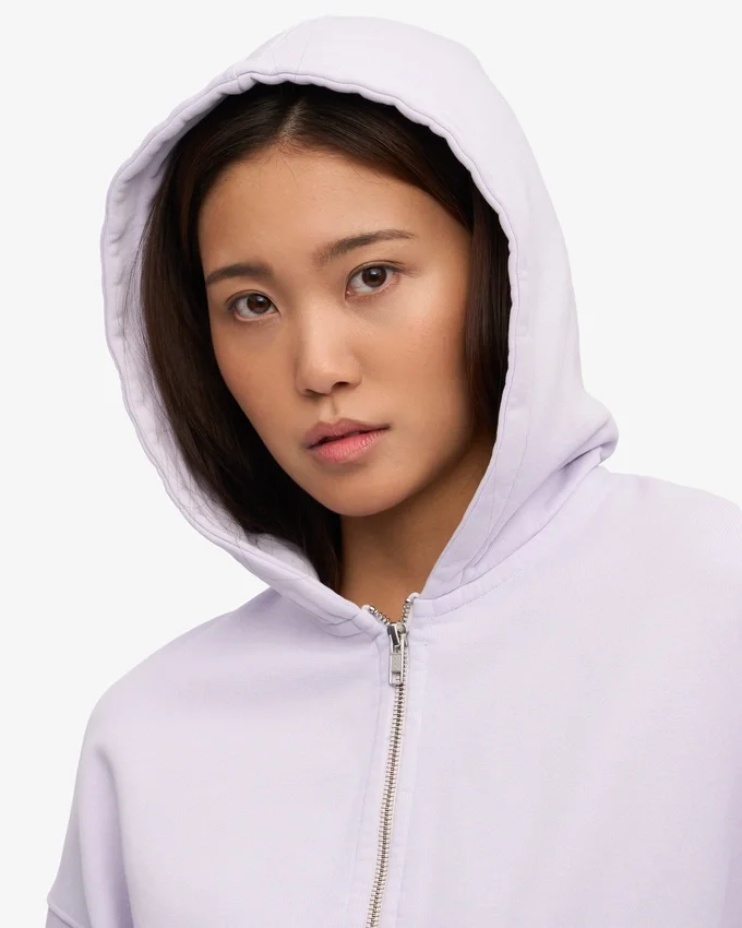 Kort hoodie i ekologiskt tyg med dragkedja – mjuk lavendel
