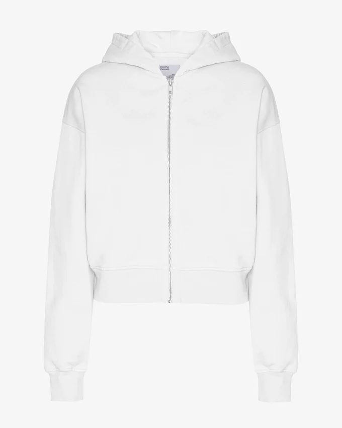Kort hoodie i ekologiskt tyg med dragkedja – optiskt vitt