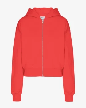 Kort hoodie i ekologiskt tyg med dragkedja – röd mandarin