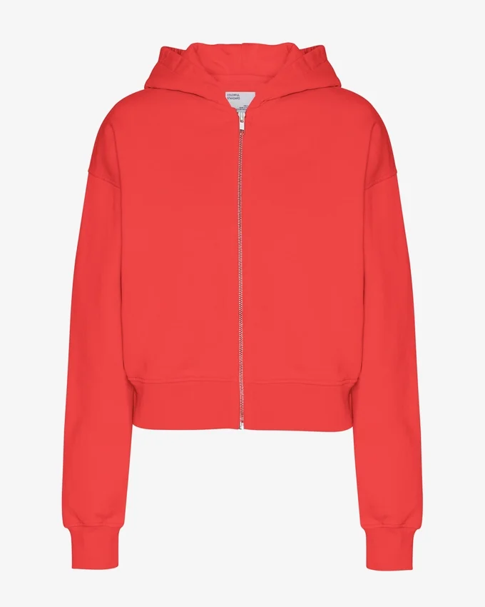 Kort hoodie i ekologiskt tyg med dragkedja – röd mandarin