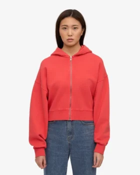 Kort hoodie i ekologiskt tyg med dragkedja – röd mandarin