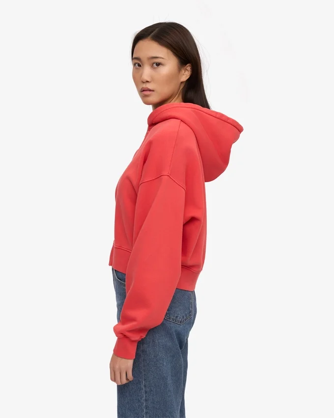 Kort hoodie i ekologiskt tyg med dragkedja – röd mandarin