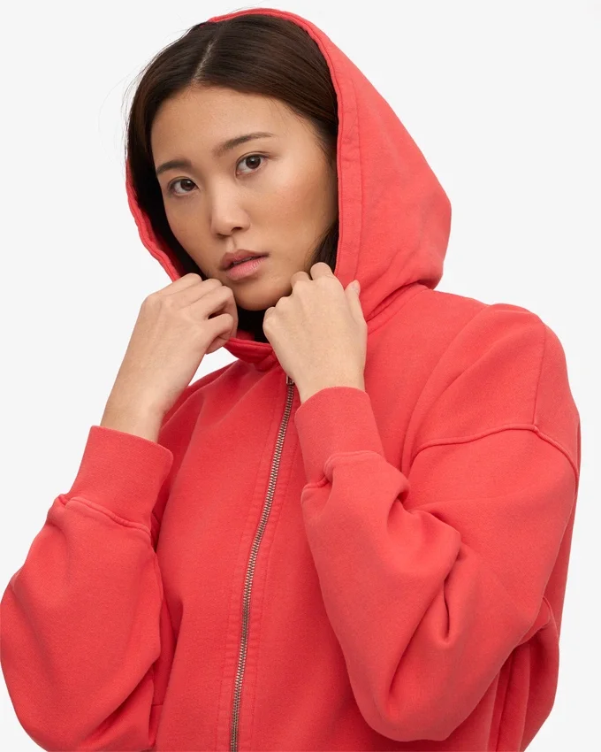 Kort hoodie i ekologiskt tyg med dragkedja – röd mandarin