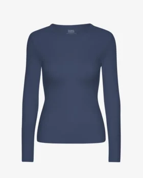 Långärmad ribbad T-shirt för dam i ekologiskt bomull – petrolblå