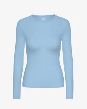 Långärmad ribbad T-shirt för damer i ekologiskt bomull – Seaside Blue